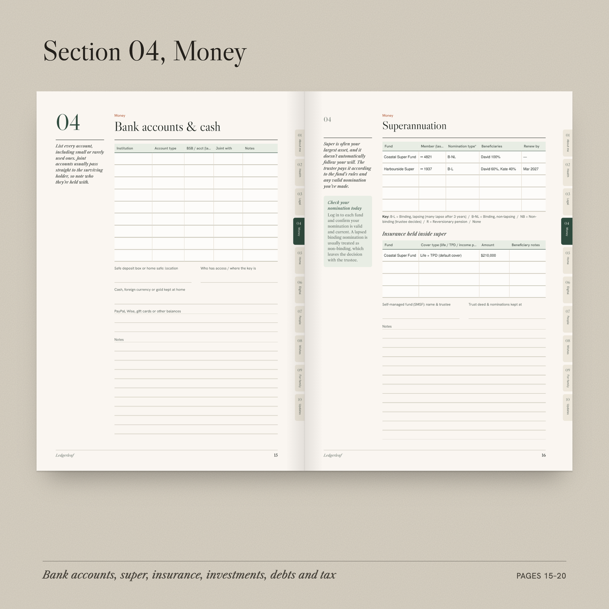 Open spread of the Money section showing bank accounts and superannuation pages