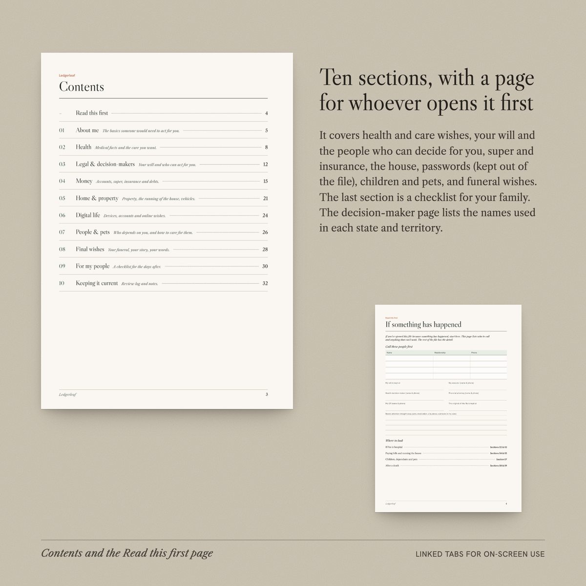 Contents page listing ten sections, and the Read this first page