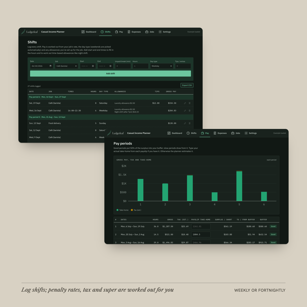 Casual Income Planner shifts and pay periods screens