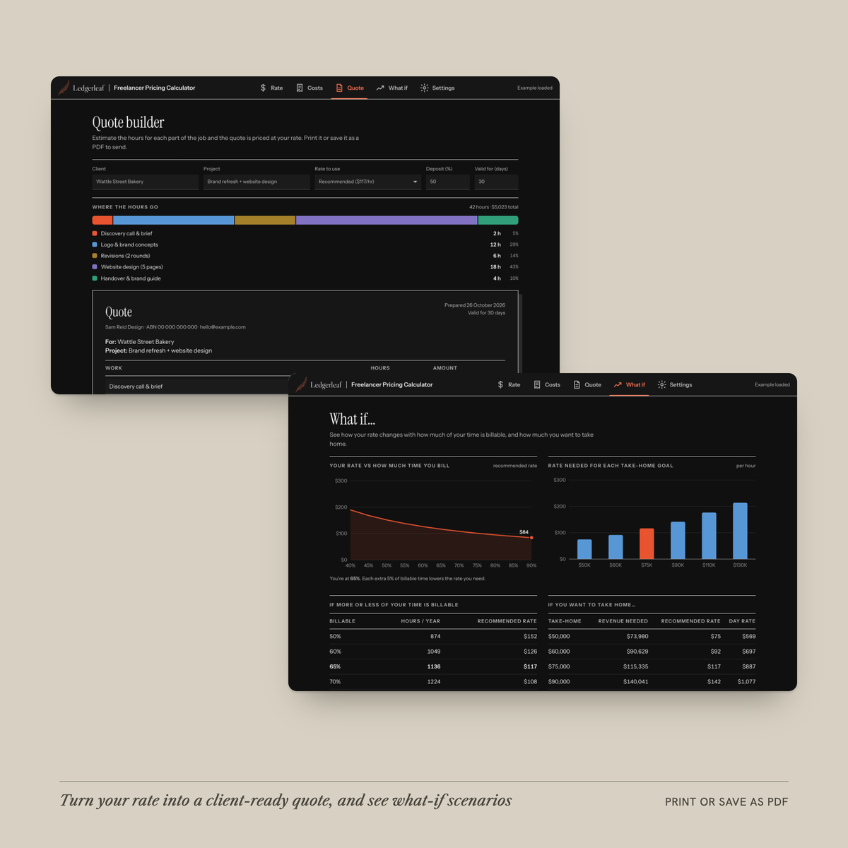 Freelancer Pricing Calculator quote builder and what-if screens