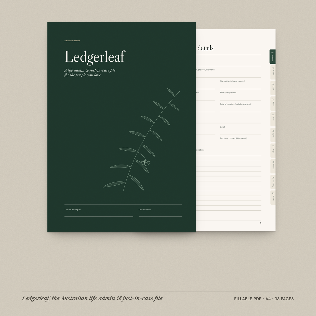 Ledgerleaf Australian life admin file, deep green cover with a page behind it