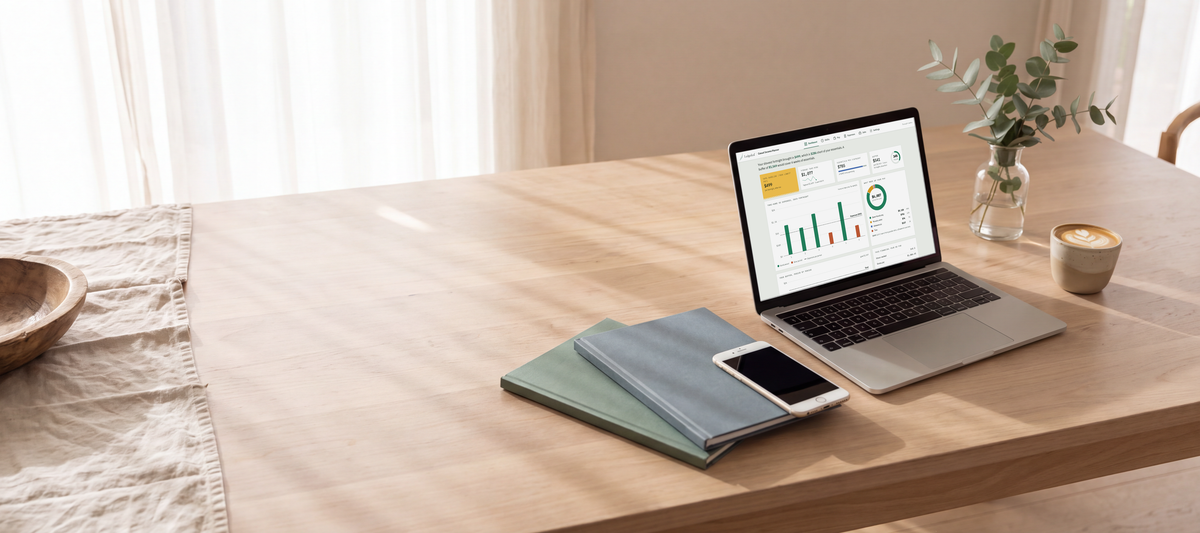 A laptop showing the Casual Income Planner dashboard on a sunlit timber table, beside two planners, a phone and a coffee