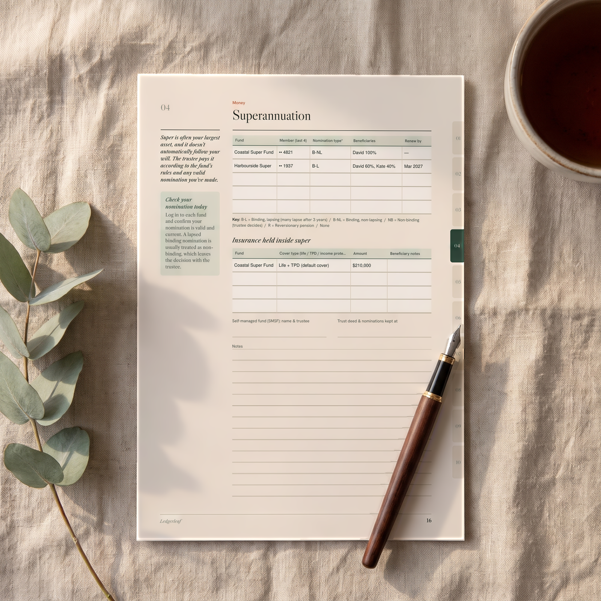 The superannuation page of the Ledgerleaf file, filled in, with a fountain pen and gum leaves