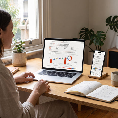 A freelance designer's desk with the Freelancer Pricing Calculator on a laptop and the quote builder on a phone
