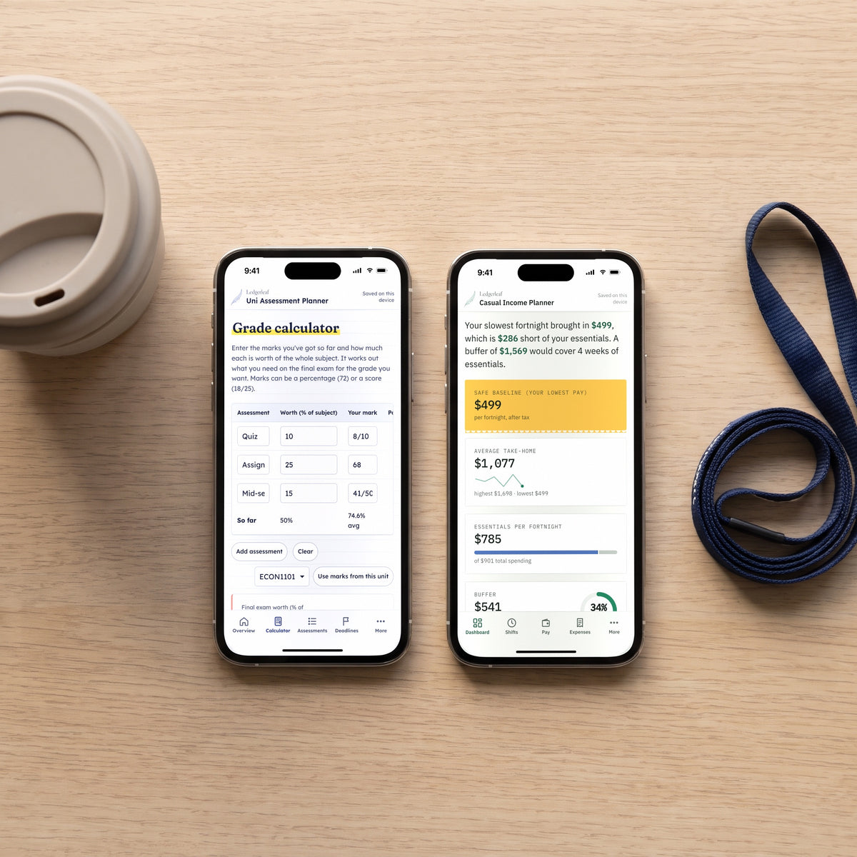 Two phones showing the Uni Assessment Planner and Casual Income Planner beside a reusable cup and lanyard