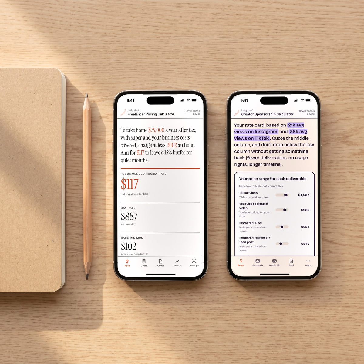 Two phones showing the Freelancer Pricing Calculator and Creator Sponsorship Calculator on a timber desk