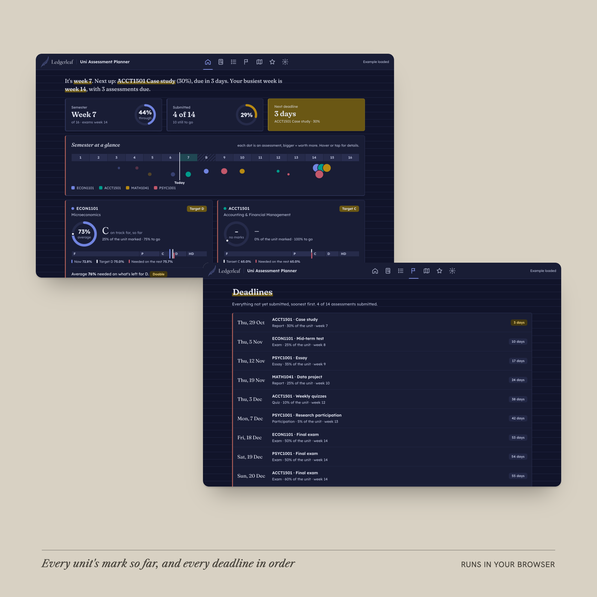 Uni Assessment Planner units and deadlines screens