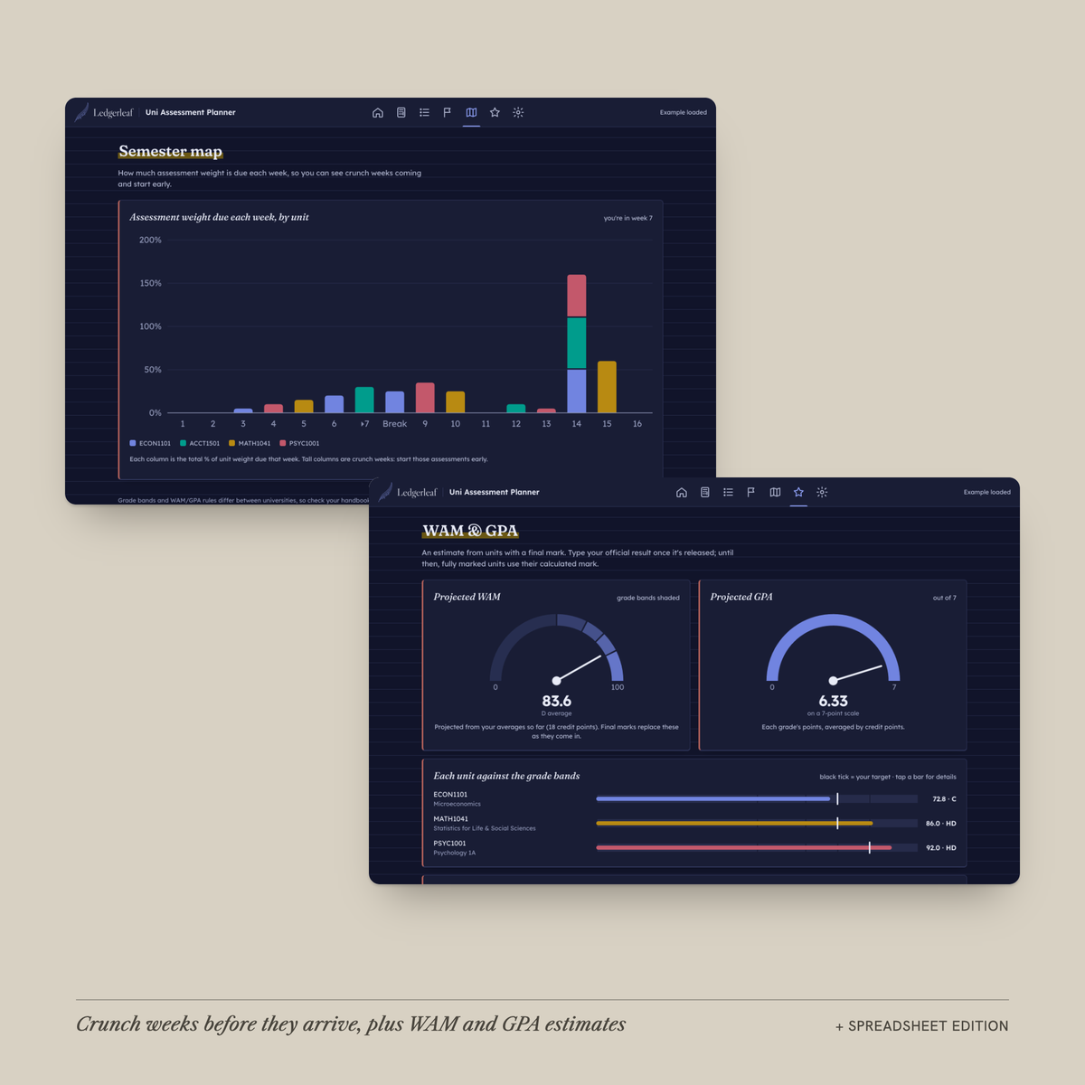 Uni Assessment Planner semester map and WAM screens